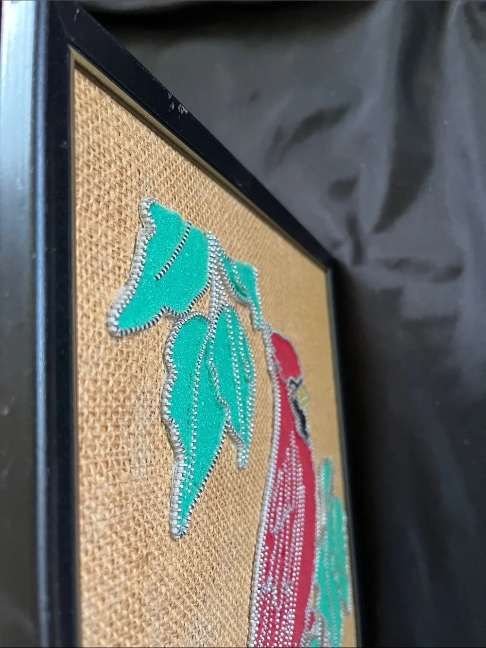 Vtg Mixed Media Zipper & Sand Art Framed CARDINAL Bird On Branch 11.75”x14.75”